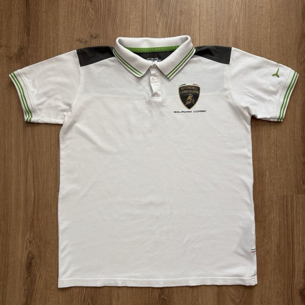 Automobili Lamborghini Polo Shirt Men’s M White Logo Tape Sleeve Italy